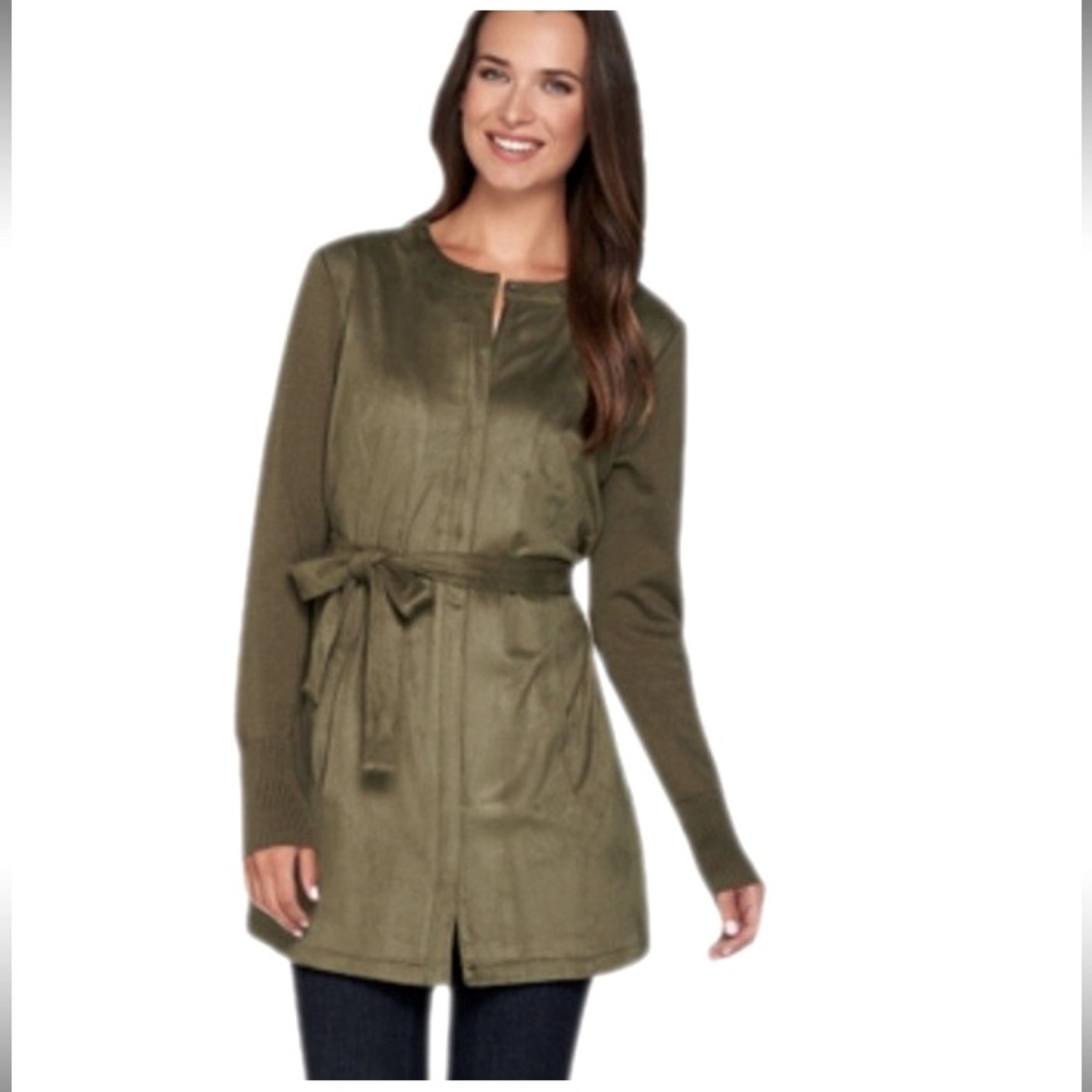 H by Halston Olive Belted Cardigan Jacket Zip Up Size 6 Faux Suede and Cotton